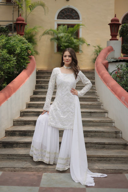 White Faux Georgette With Sequins Thread Embroidered Work Sharara