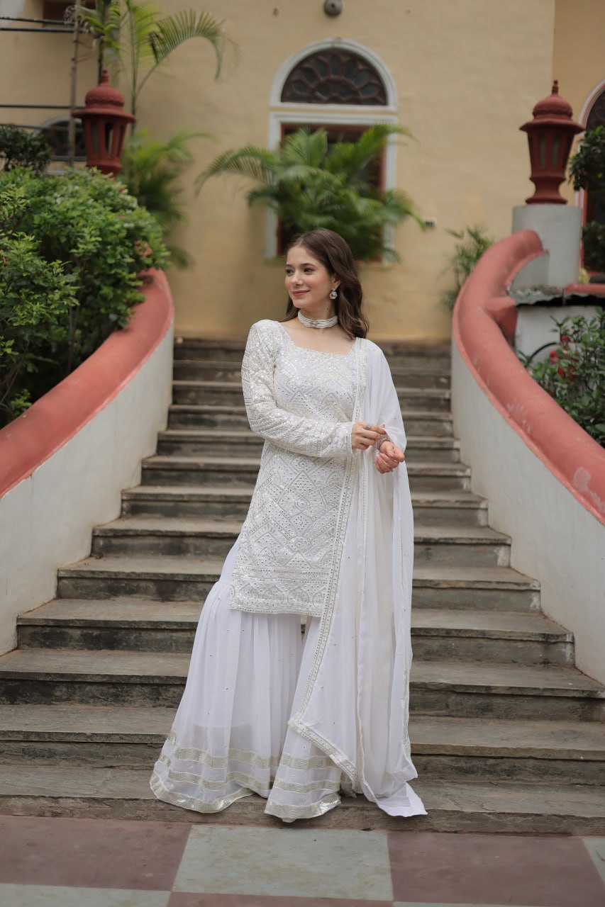 White Faux Georgette With Sequins Thread Embroidered Work Sharara