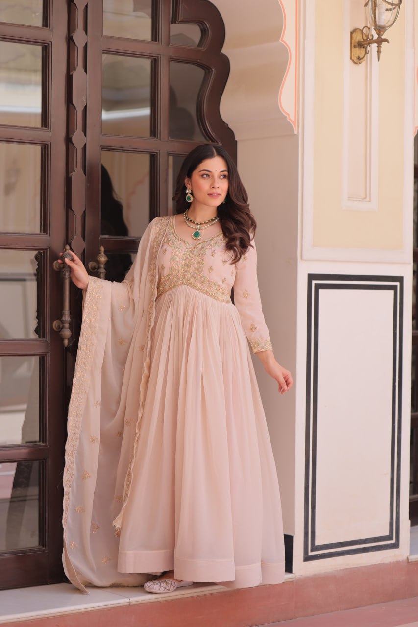 Cream Georgette Sequins Multi Embroidered Work Gown