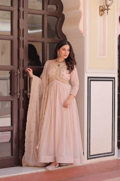 Cream Georgette Sequins Multi Embroidered Work Gown