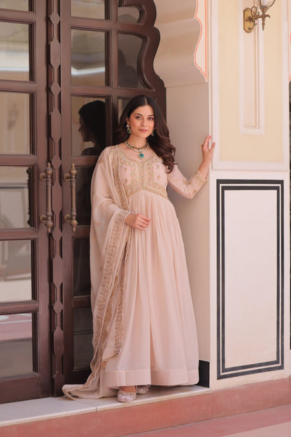 Cream Georgette Sequins Multi Embroidered Work Gown