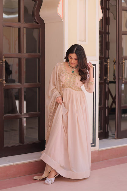 Cream Georgette Sequins Multi Embroidered Work Gown