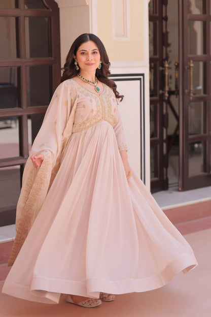 Cream Georgette Sequins Multi Embroidered Work Gown