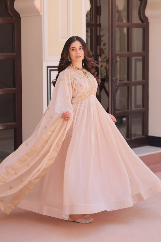 Cream Georgette Sequins Multi Embroidered Work Gown