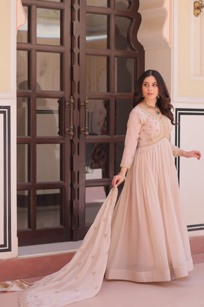 Cream Georgette Sequins Multi Embroidered Work Gown