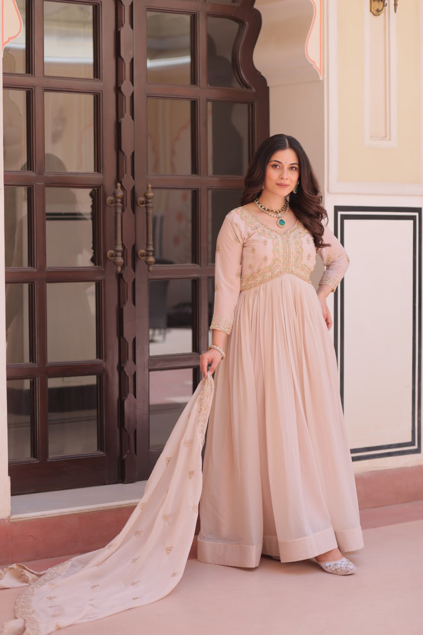 Cream Georgette Sequins Multi Embroidered Work Gown