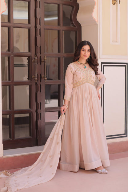 Cream Georgette Sequins Multi Embroidered Work Gown