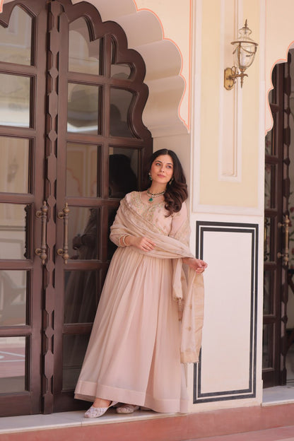 Cream Georgette Sequins Multi Embroidered Work Gown