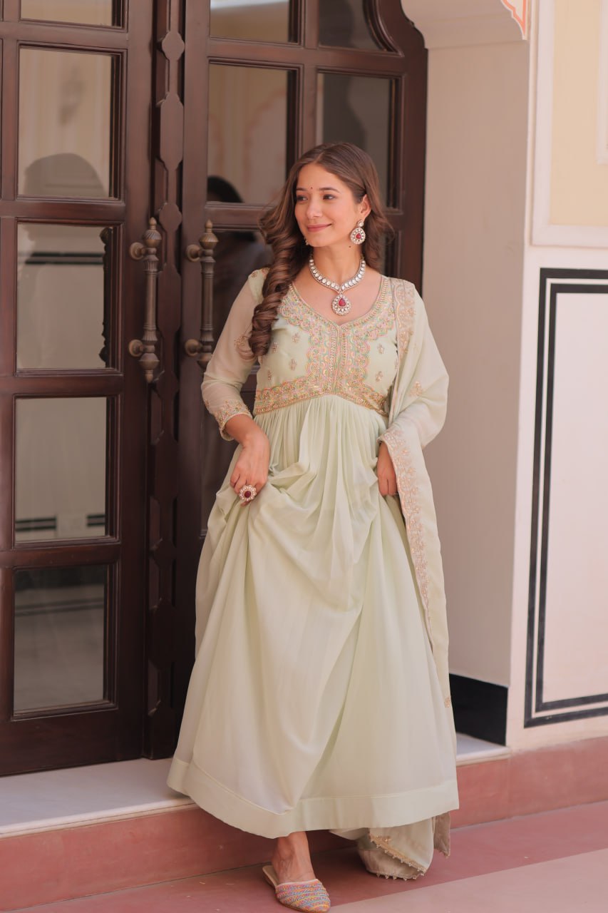 Pista Georgette Sequins Multi Embroidered Work Gown