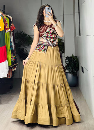 Tiered frill Navratri chaniya choli brown beige ready to wear for dandiya
