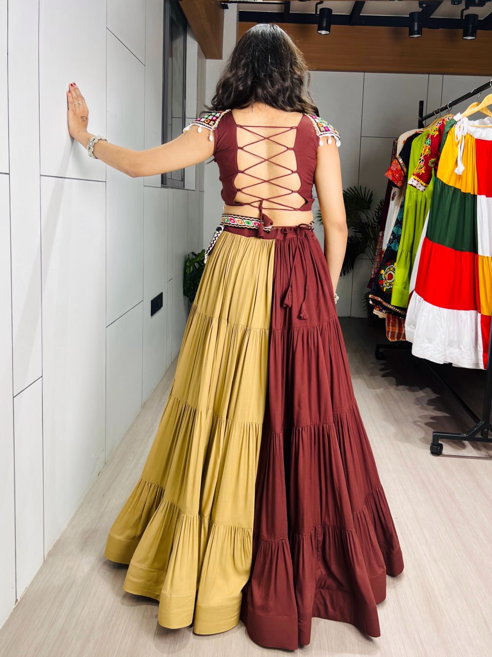 Navratri lehenga brown beige frill with kodi shell tassels and Kutchi embroidery
