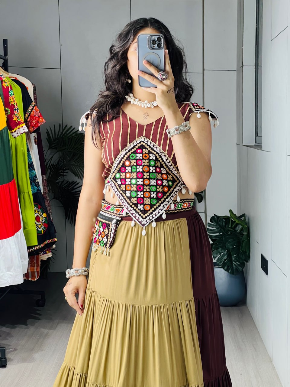Garba chaniya choli brown beige tiered frill skirt with mirror work waist panel
