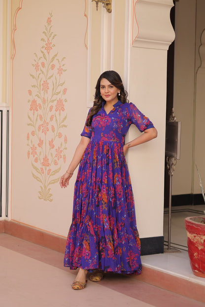 Blue Faux Georgette With Print Half Sleeves Gown