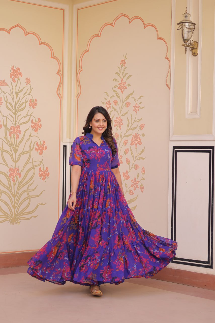 Blue Faux Georgette With Print Half Sleeves Gown
