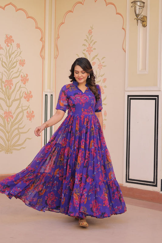Blue Faux Georgette With Print Half Sleeves Gown