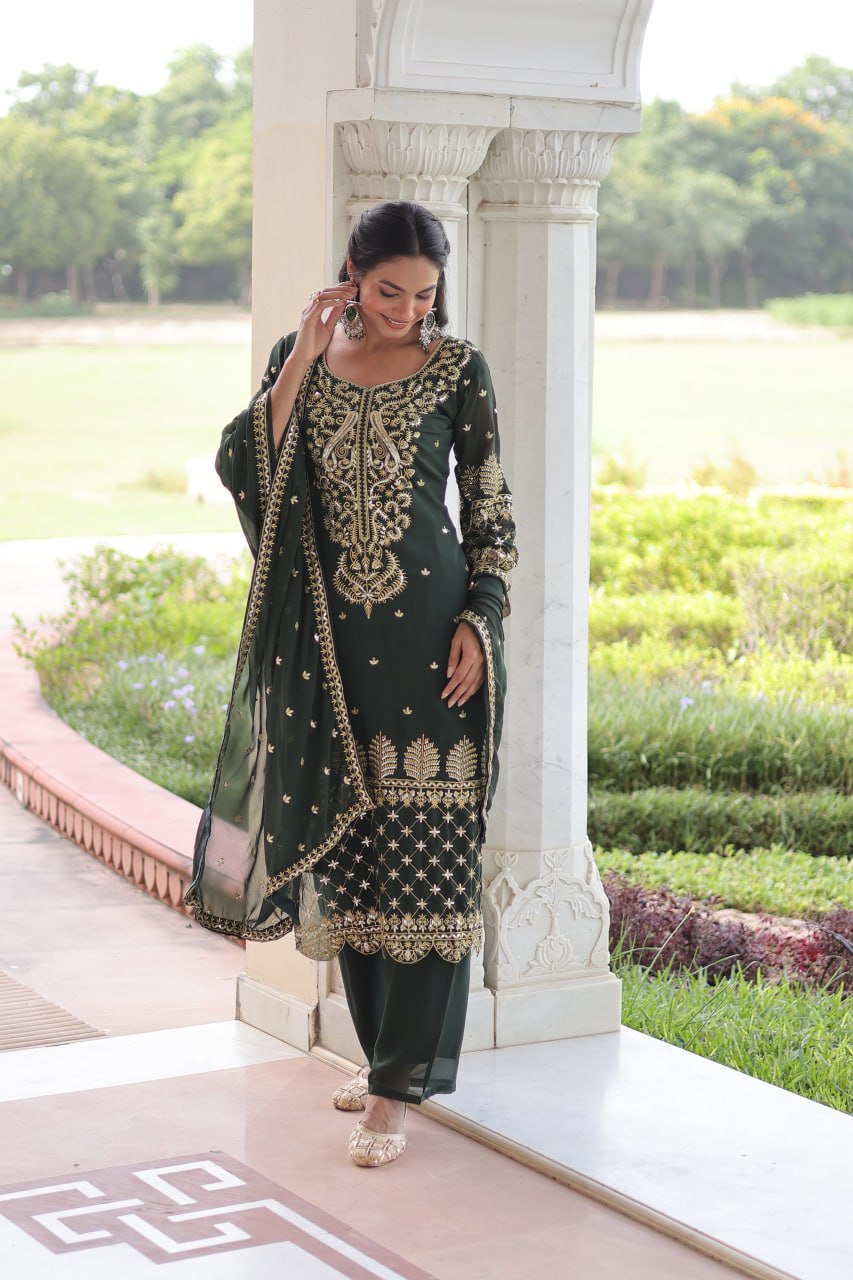 Mehendi Faux Blooming With Embroidered Work Salwar Suit