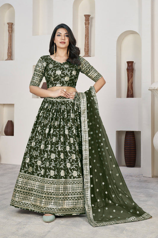 Mehandi Dola Jacquard Zari And Sequins Embroidered Wedding Lehenga