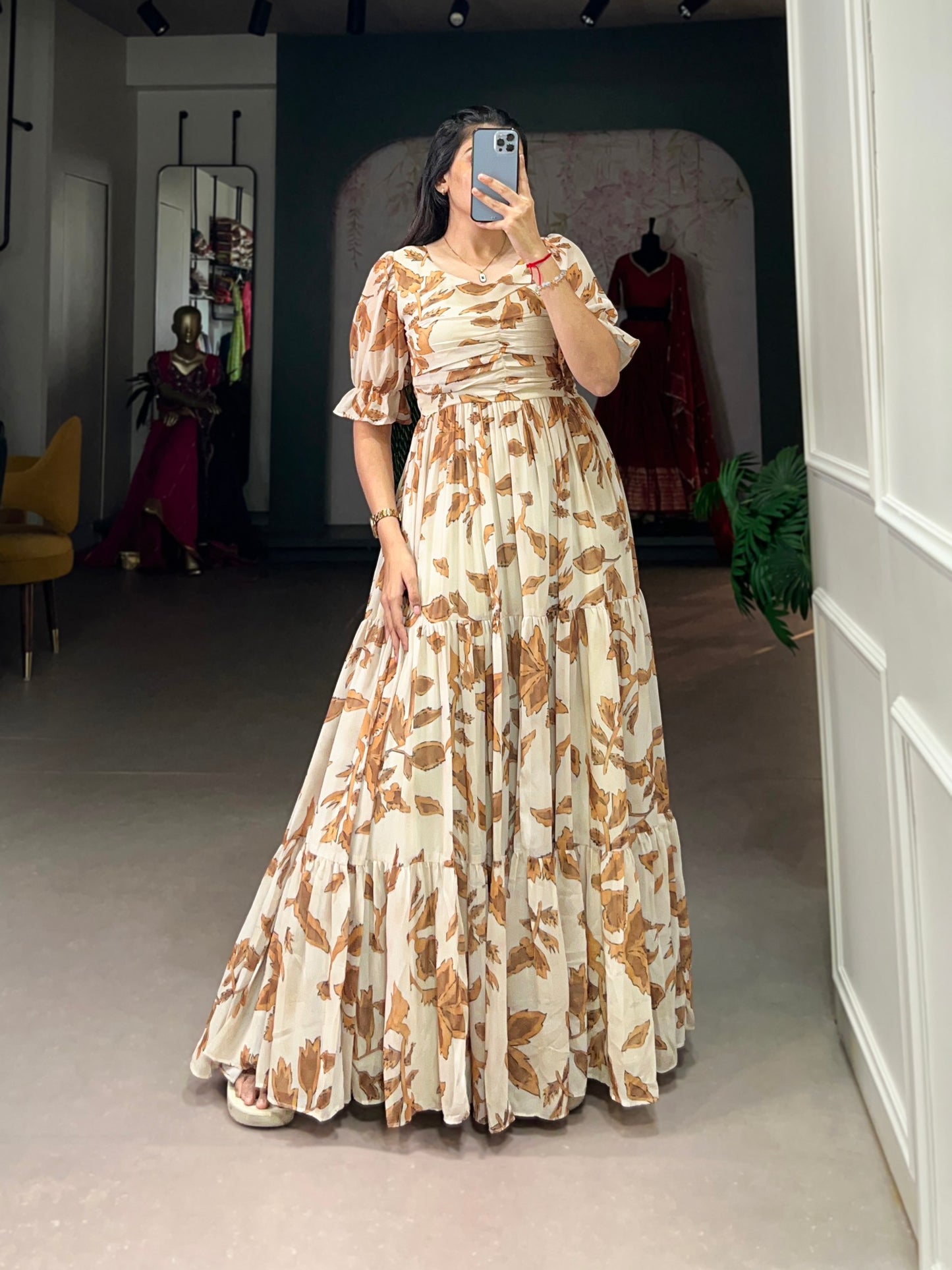 Off White Georgette Floral Print Ready to Wear Gown