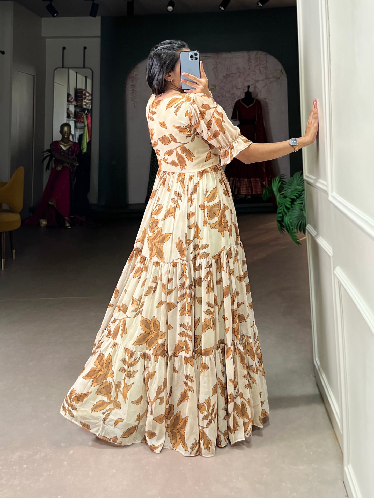 Off White Georgette Floral Print Ready to Wear Gown