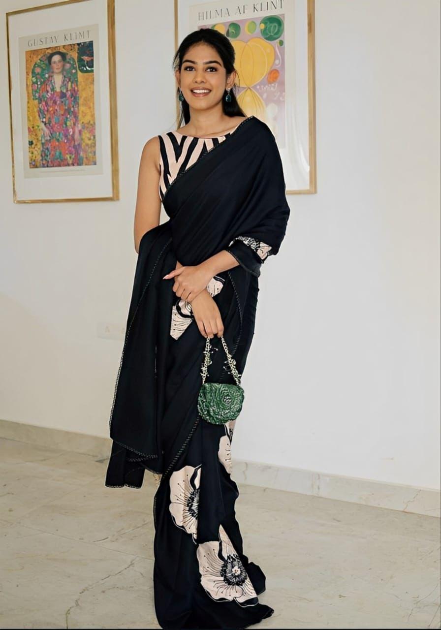 Black Semi Gajji Ajrakh Rich Pallu With Contrast Blouse Saree