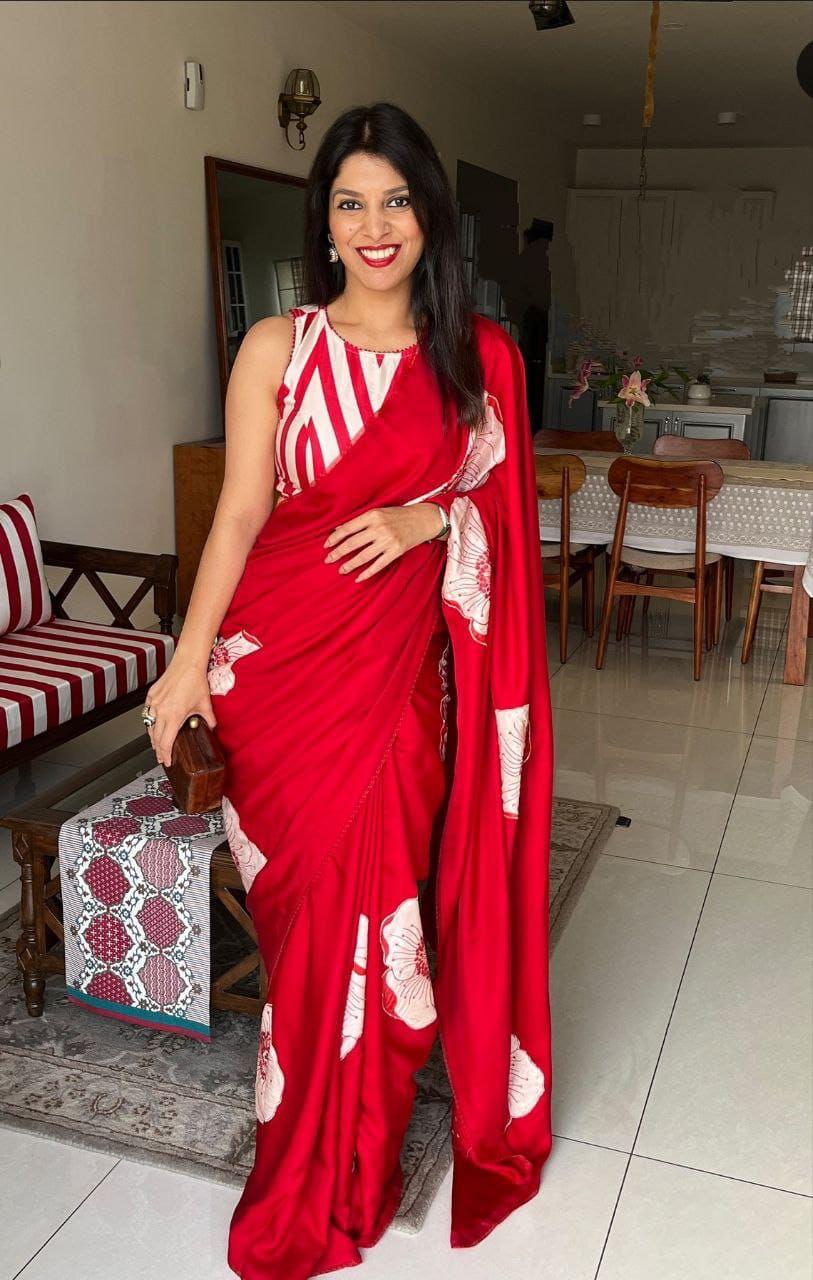 Red Semi Gajji Ajrakh Rich Pallu With Contrast Blouse Saree