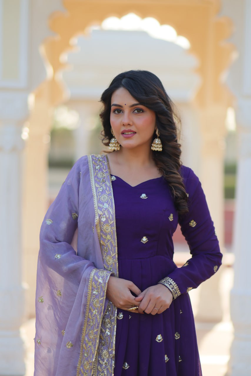 Purple Designer Georgette With Embroidery Zari Sequins Work Gown