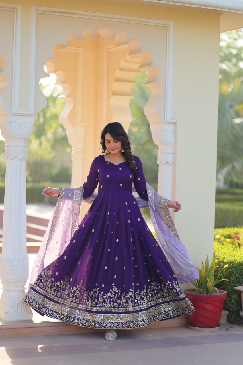 Purple Designer Georgette With Embroidery Zari Sequins Work Gown