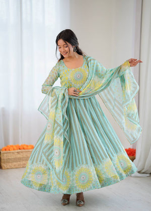 Sky Blue Pure Soft Organza Anarkali Suit featuring a sunkissed yellow floral mandala print, matching pants, and dupatta by The Beauty Queen