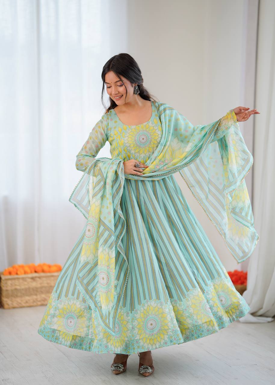 Sky Blue Pure Soft Organza Anarkali Suit featuring a sunkissed yellow floral mandala print, matching pants, and dupatta by The Beauty Queen