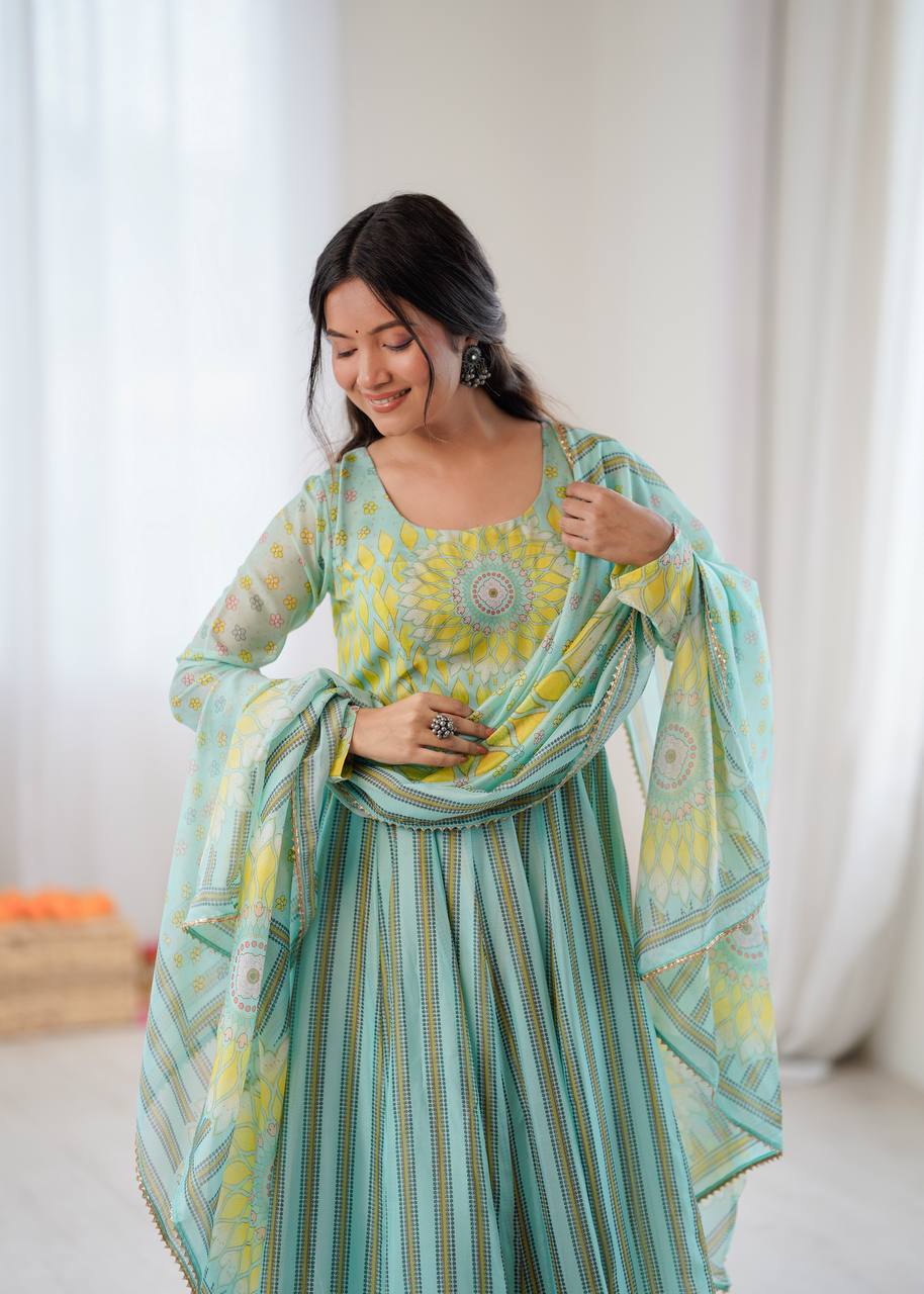 Sky Blue Pure Soft Organza Anarkali Suit with Sunkissed Floral Print & Pants