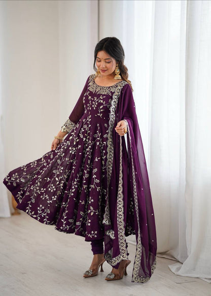 Wine Georgette Embroidery Sequence Work Fully Flair Anarkali Salwar Suit