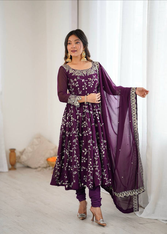 Wine Georgette Embroidery Sequence Work Fully Flair Anarkali Salwar Suit