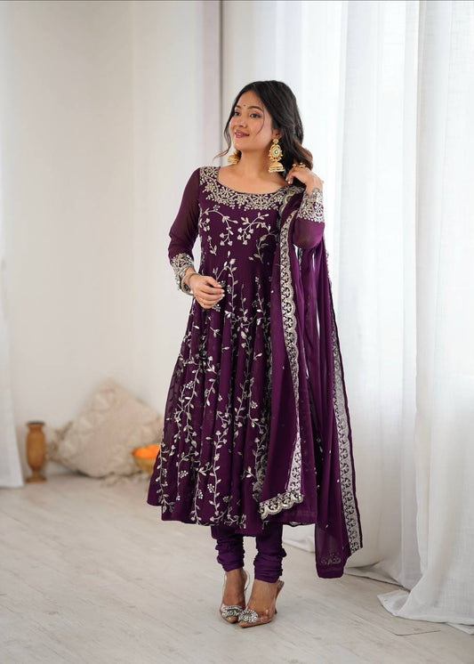 Wine Georgette Embroidery Sequence Work Fully Flair Anarkali Salwar Suit