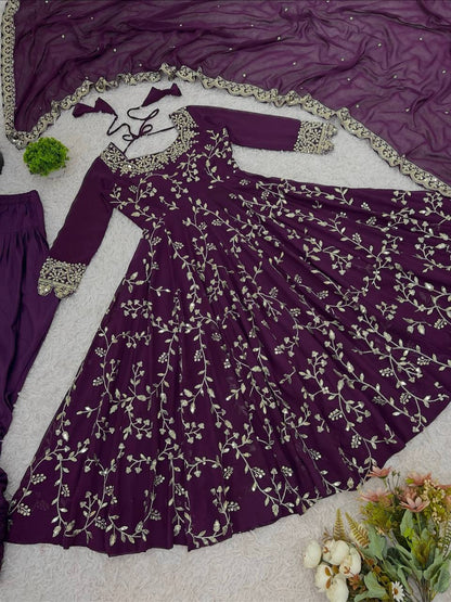 Wine Georgette Embroidery Sequence Work Fully Flair Anarkali Salwar Suit