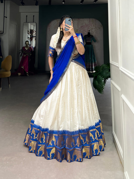 Royal Blue Poly Cotton Chex With Zari Weaving Work Lehenga With Flowing Georgette Dupatta