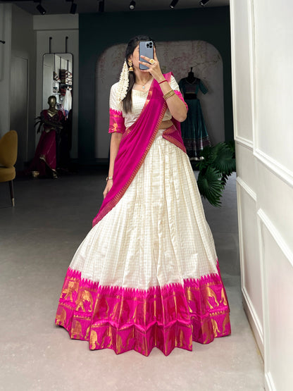 Pink Poly Cotton Chex With Zari Weaving Work Lehenga With Flowing Georgette Dupatta