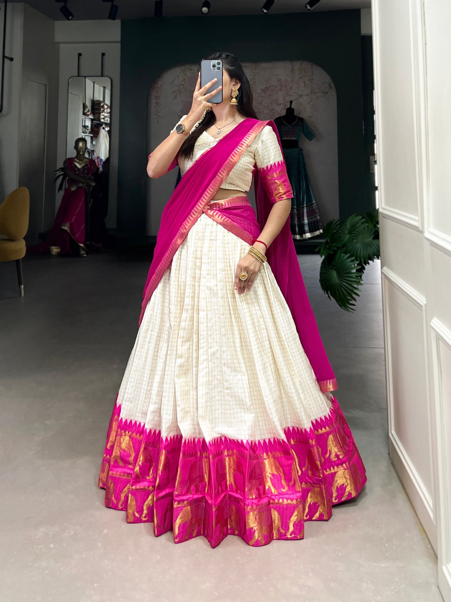 Pink Poly Cotton Chex With Zari Weaving Work Lehenga With Flowing Georgette Dupatta