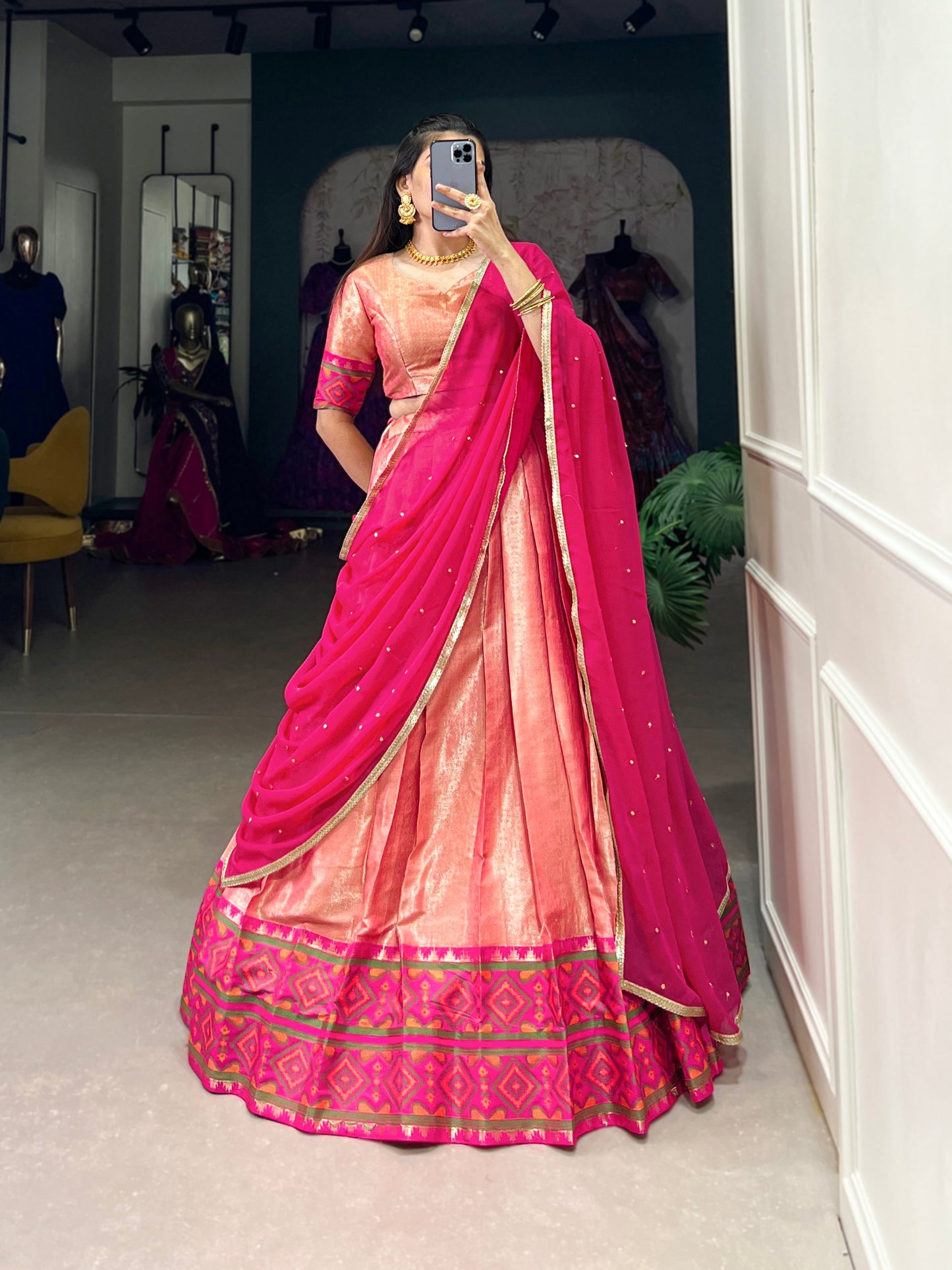 Peach Jacquard Silk Weaving Work With Ikkat Kanjivaram Lehenga