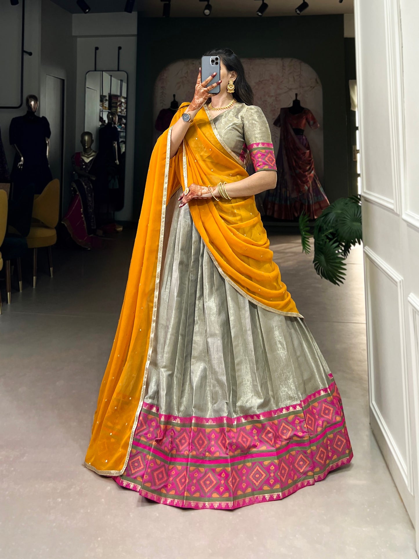 Grey Jacquard Silk Weaving Work With Ikkat Kanjivaram Lehenga