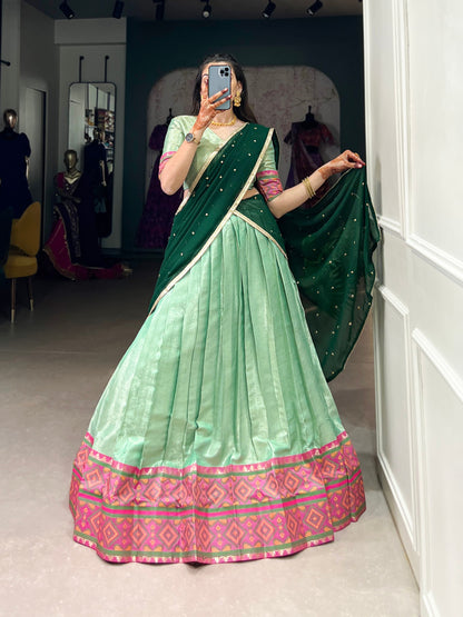 Sea Green Jacquard Silk Weaving Work With Ikkat Kanjivaram Lehenga