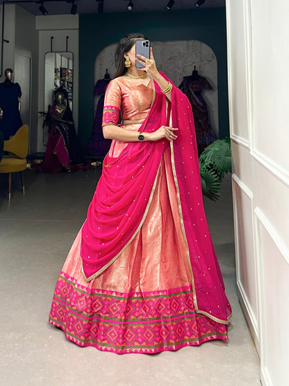 Peach Jacquard Silk Weaving Work With Ikkat Kanjivaram Lehenga