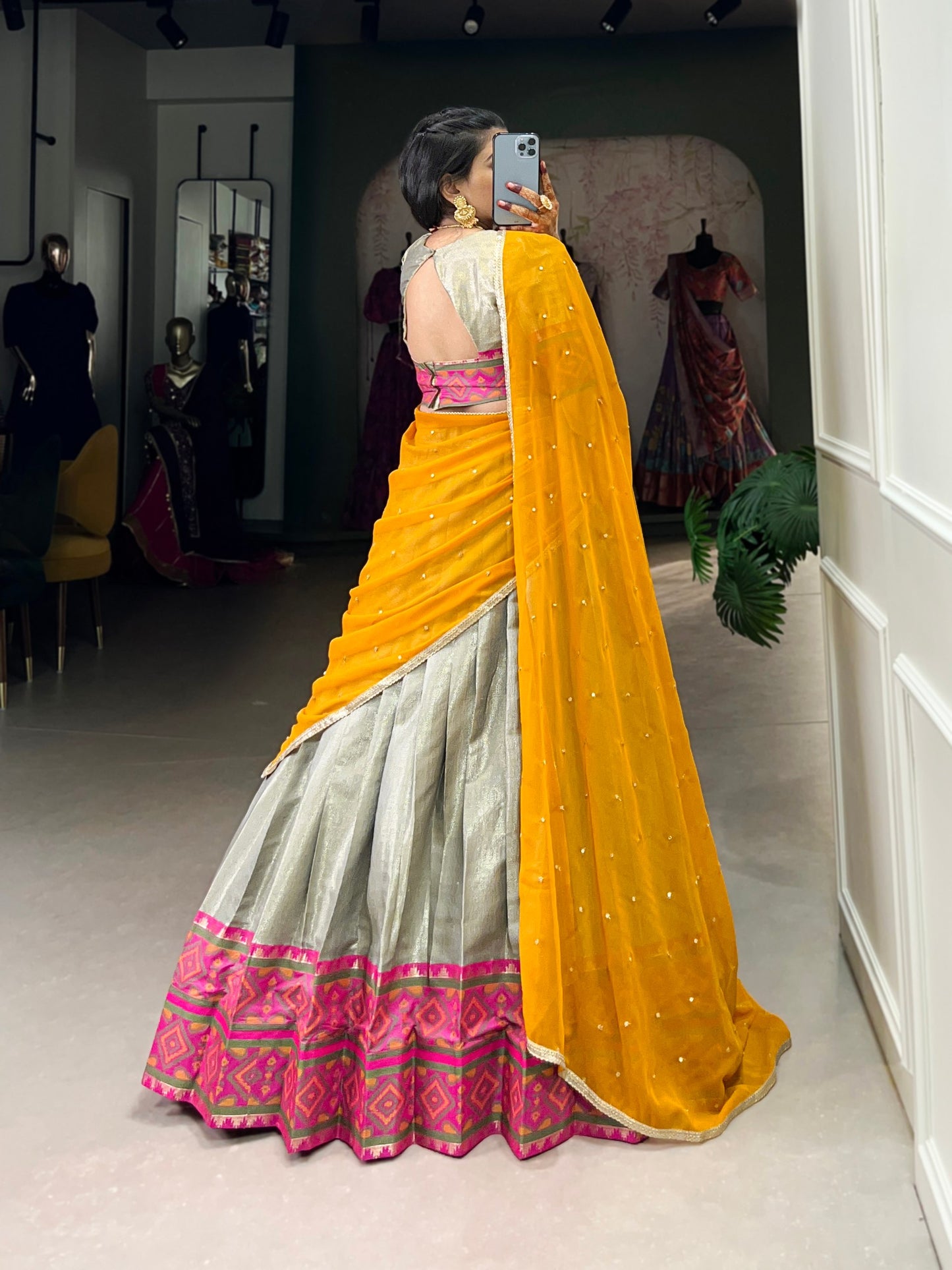 Grey Jacquard Silk Weaving Work With Ikkat Kanjivaram Lehenga