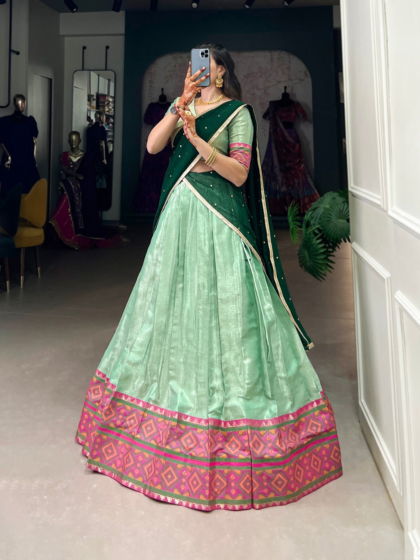 Sea Green Jacquard Silk Weaving Work With Ikkat Kanjivaram Lehenga