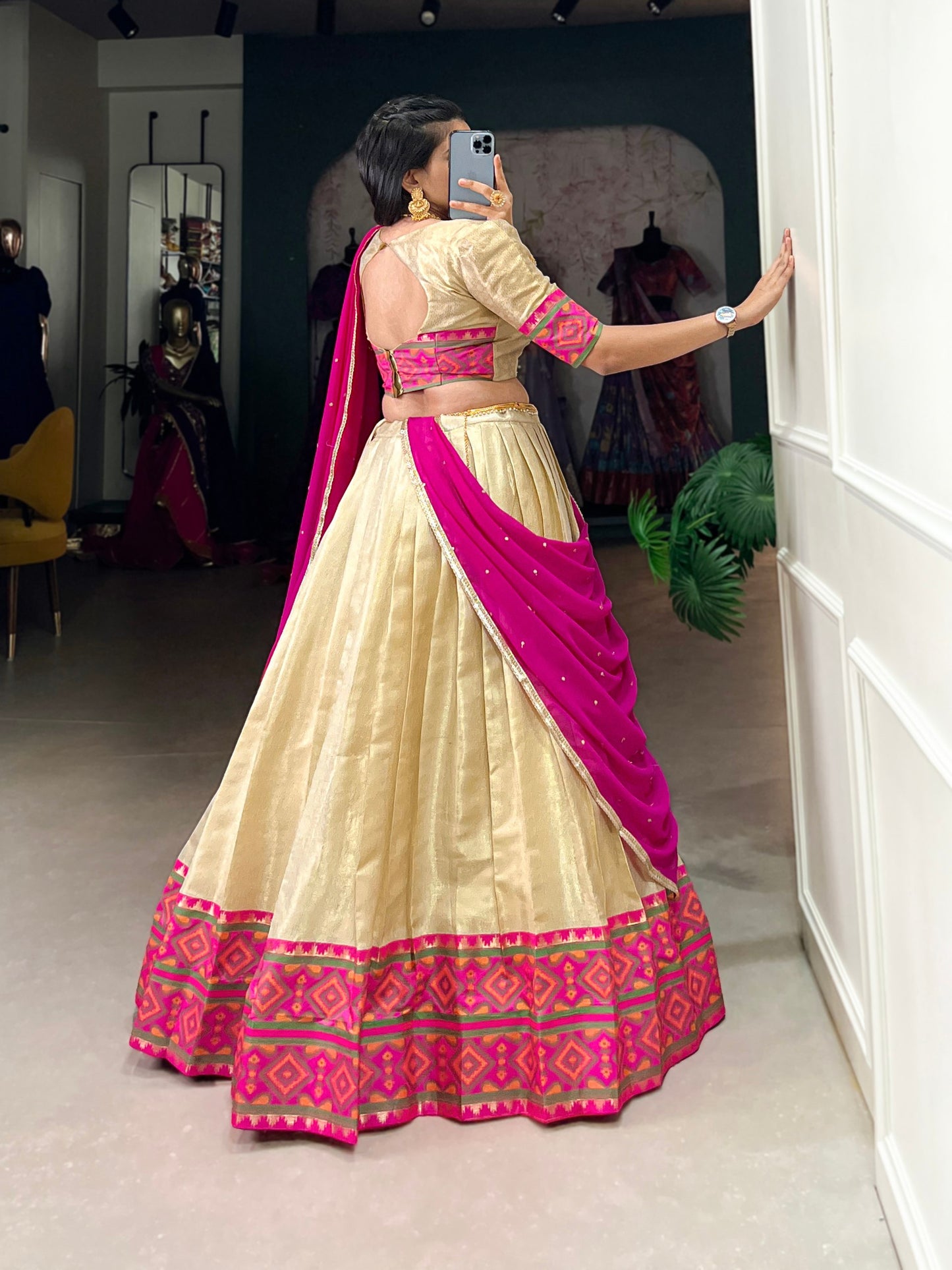 Off White Jacquard Silk Weaving Work With Ikkat Kanjivaram Lehenga