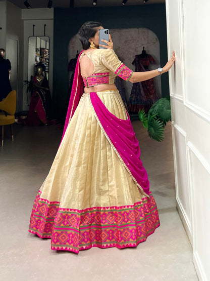 Off White Jacquard Silk Weaving Work With Ikkat Kanjivaram Lehenga