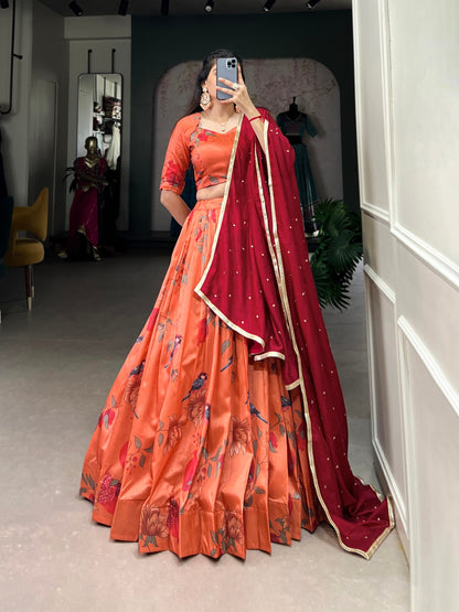 Peach Tussar Silk Printed Lehenga With Stitched Blouse