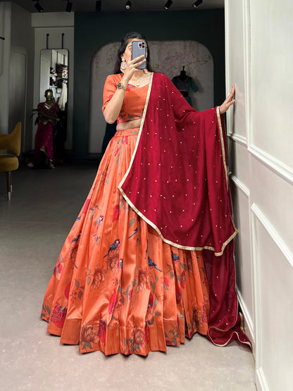 Peach Tussar Silk Printed Lehenga With Stitched Blouse