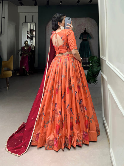 Peach Tussar Silk Printed Lehenga With Stitched Blouse