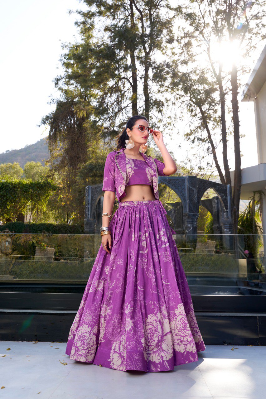 Stunning Purple Tasar Silk Floral Print Lehenga with Canvas and Can-Can by The Beauty Queen Surat