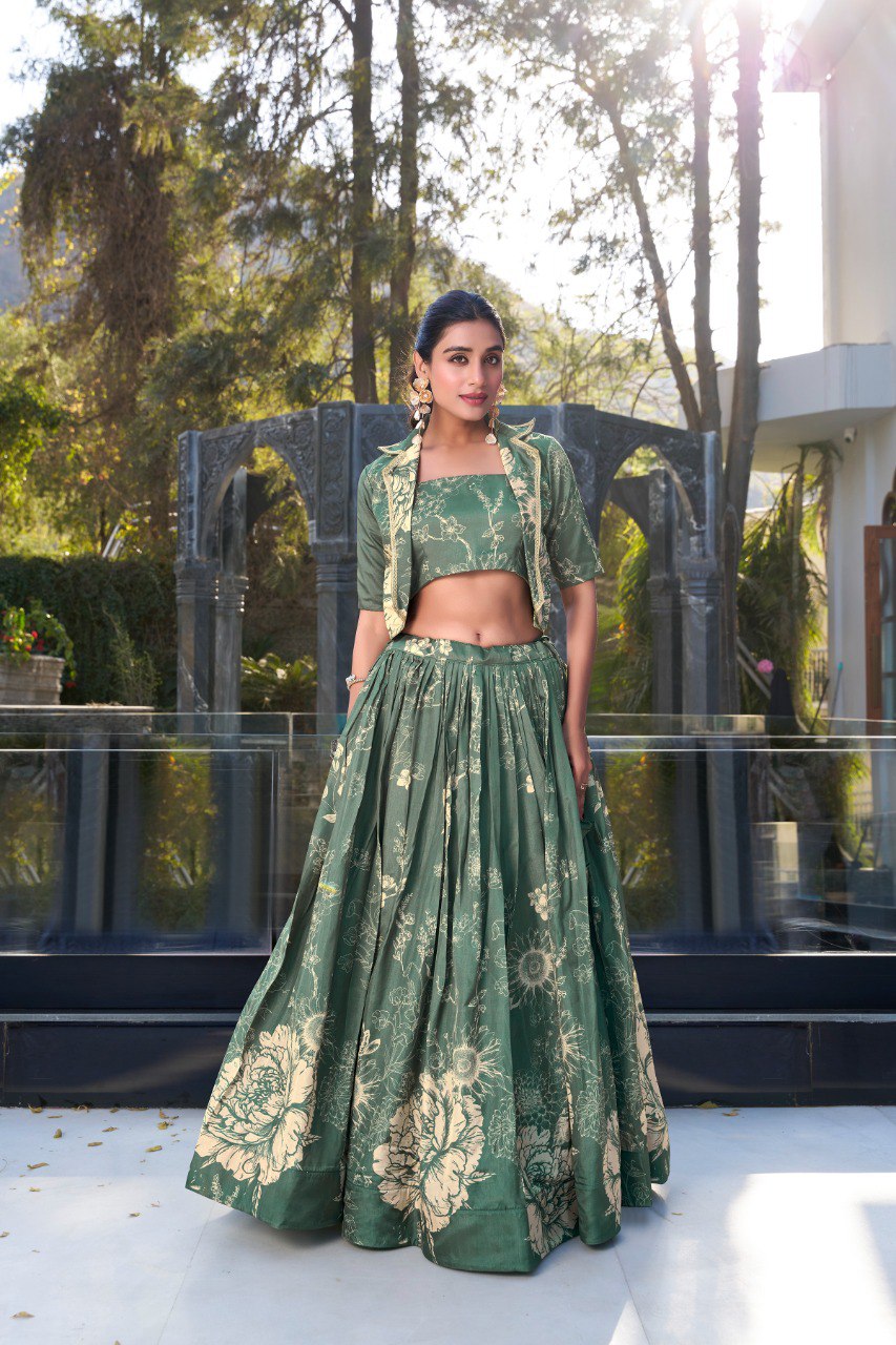 Elegant Olive Green Tasar Silk Floral Print Lehenga with Heavy Can-Can Flair by The Beauty Queen Surat